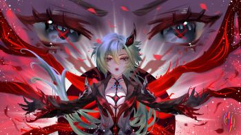 1girl arlecchino_(cinder_of_two_worlds&#039;_flames)_(genshin_impact) arlecchino_(genshin_impact) black_coat coat coconuthound commentary genshin_impact grey_hair highres long_sleeves official_alternate_costume red_lips upper_body