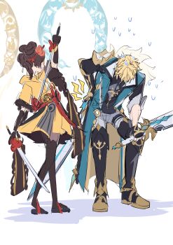 Rule 34 | 1boy, 1girl, absurdres, armor, back pain, blonde hair, boots, brown hair, chiori (genshin impact), coat, commentary request, dress, dual wielding, fingerless gloves, full body, gauntlets, genshin impact, gloves, hair ornament, hair stick, hand on own back, hand on own knee, height difference, highres, holding, holding sword, holding weapon, japanese clothes, leaning forward, long hair, open clothes, open coat, pants, ryokukablog, sandals, shoulder armor, side ponytail, single fingerless glove, single gauntlet, single glove, sketch, standing, sword, thighhighs, varka (genshin impact), weapon