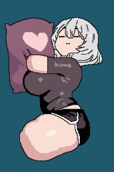 1girl absurdres amputee closed_eyes grey_hair highres limbless original pillow pixel_art pxfx123 quadruple_amputee self-upload short_hair shorts sleeping solo tagme