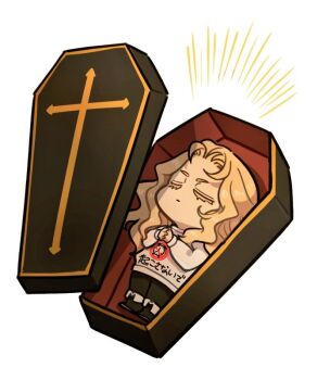 1boy alucard_(castlevania) black_boots black_pants boots castlevania_(netflix) castlevania_(series) chibi chibi_only closed_eyes coffin colored_eyelashes long_hair lying ocomor3 on_back own_hands_clasped own_hands_together pants parted_bangs print_shirt shirt sleeping solo translated wavy_hair white_background white_shirt