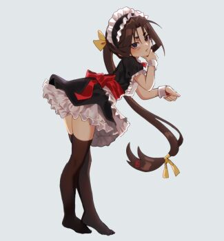 1boy absurdres alternate_costume apron arched_back back_bow bent_over black_dress black_thighhighs blush bow bowtie brown_hair commentary crossdressing crossdressing_(mtf) dress enmaided frilled_dress frills from_behind full_body hair_bow hand_on_own_chin highres houjou_tokiyuki_(nige_jouzu_no_wakagimi) long_hair looking_at_viewer looking_back low-tied_long_hair maid maid_headdress male_focus male_maid nige_jouzu_no_wakagimi no_shoes parted_bangs parted_lips ponytail puffy_short_sleeves puffy_sleeves purple_eyes red_bow red_bowtie shiiro_ge short_dress short_sleeves sidelocks_tied_back simple_background solo standing symbol-only_commentary thick_eyebrows thighhighs very_long_hair white_apron white_background white_wrist_cuffs wrist_cuffs yellow_bow zettai_ryouiki