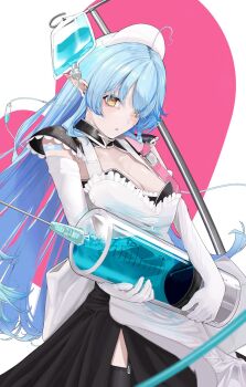 1girl ahoge alternate_costume apron black_dress blue_hair breasts cleavage cowboy_shot dress edge_ill elbow_gloves enmaided gloves hashtag-only_commentary heart heart_ahoge highres holding holding_syringe hololive intravenous_drip iv_stand large_breasts large_syringe long_hair looking_at_viewer maid maid_apron multicolored_hair oversized_object parted_bangs parted_lips pointy_ears side_slit solo streaked_hair syringe virtual_youtuber white_apron white_gloves yellow_eyes yukihana_lamy