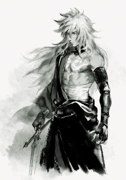 1boy alternate_costume bad_id bad_pixiv_id balmung_(fate) changye detached_sleeves fate/apocrypha fate/grand_order fate_(series) greyscale hadanugi_dousa holding holding_sword holding_weapon japanese_clothes kimono long_hair monochrome open_clothes open_kimono sarashi siegfried_(fate) solo sword weapon