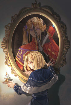 Rule 34 | 1boy, 1girl, arm up, artist request, bad id, bad twitter id, blonde hair, blue eyes, brown hair, candle, crying, crying with eyes open, dagger, dimitri alexandre blaiddyd, dimitri alexandre blaiddyd (young), double bun, dress, edelgard von hresvelg, edelgard von hresvelg (timeskip), edelgard von hresvelg (young), fake horns, fire, fire emblem, fire emblem: three houses, from side, glowing, hair bun, headpiece, high collar, highres, holding, holding dagger, holding knife, holding weapon, horns, knife, leaning forward, long sleeves, looking at viewer, nintendo, picture frame, purple eyes, red dress, sad, solo, spoilers, standing, tears, transformation, twintails, upper body, weapon