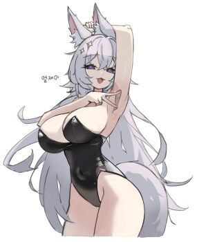 1girl absurdres animal_ears arm_behind_head arm_up armpit_focus armpits bare_arms bare_shoulders black_leotard blue_eyes breasts cleavage covered_navel cropped_legs fang fox_ears fox_tail highleg highleg_leotard highres large_breasts leotard long_hair looking_at_viewer nokde open_mouth original presenting_armpit simple_background smile solo spread_armpit strapless strapless_leotard tail thighs very_long_hair white_background white_hair