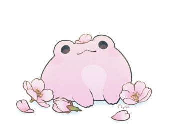 Rule 34 | :3, animal focus, artist name, ayu (mog), cherry blossoms, closed mouth, commentary, english commentary, flower, frog, no humans, original, pink flower, simple background, solid circle eyes, solo, white background