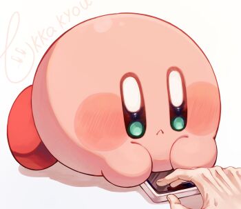 1other :< blush cellphone closed_mouth commentary_request green_eyes highres kirby kirby_(series) nintendo phone signature simple_background smartphone solo_focus tokkakyou white_background