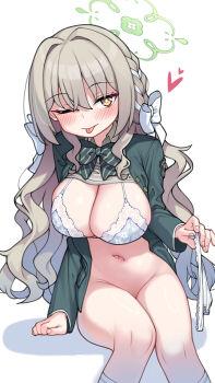 1girl ;p absurdres arm_support blazer blue_archive blush bottomless bow bowtie bra braid breasts bright_pupils clothes_lift commentary_request diagonal-striped_bow diagonal-striped_bowtie diagonal-striped_clothes feet_out_of_frame green_bow green_bowtie green_jacket grey_hair grey_shirt groin hair_bow hair_ribbon halo heart highres holding holding_panties holding_underwear holding_unworn_clothes isinose_(ilxodidli) jacket large_breasts long_hair long_sleeves looking_at_viewer miyo_(blue_archive) navel one_eye_closed panties partial_commentary ribbon ribbon_braid shirt shirt_lift simple_background sitting solo stomach striped_bow striped_bowtie striped_clothes tongue tongue_out underwear unworn_panties very_long_hair white_background white_bow white_bra white_panties white_pupils white_ribbon yellow_eyes