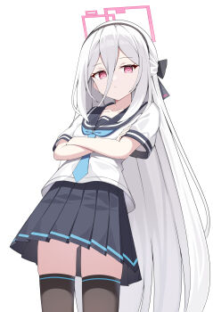 1girl absurdres alternate_costume aqua_necktie black_bow black_hairband black_thighhighs blue_archive blue_sailor_collar blue_skirt bow closed_mouth collarbone commentary_request cowboy_shot crossed_arms expressionless gluteal_fold hair_between_eyes hair_bow hairband halo highres kei_(blue_archive) kei_(new_body)_(blue_archive) long_hair long_hair_between_eyes looking_at_viewer necktie pink_halo pleated_skirt rectangular_halo red_eyes ringed_eyes sailor_collar sailor_shirt school_uniform serafuku shirt short_sleeves simple_background skirt sob_(submar1089) solo thighhighs very_long_hair white_background white_hair white_shirt