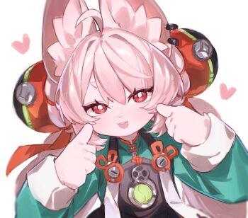 1girl absurdres ahoge animal_ears black_dress blue_shirt braid braided_twintails commentary dress furry furry_female hair_ornament heart highres kawarage_yatano long_sleeves looking_at_viewer open_mouth pinafore_dress pink_hair pointing pointing_at_self rabbit_ears rabbit_girl red_eyes shirt simple_background sleeveless sleeveless_dress solo sphere_hair_ornament thick_eyebrows twin_braids white_background zenless_zone_zero zhao_(zenless_zone_zero)