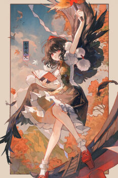 bad_source bare_legs black_dress black_hair black_wings blue_sky cloud cloudy_sky dress feathered_wings hat highres leaf maccha_(mochancc) maple_leaf maple_tree red_eyes shameimaru_aya short_hair sky socks torii touhou tree white_socks wings