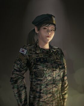 1girl beret black_hair camouflage dokkaebi_(rainbow_six_siege) glasses hat highres korean_text maseo military military_fatigues military_uniform multicolored_hair patch ponytail rainbow_six rainbow_six_siege republic_of_korea_army shoulder_patch signature south_korean_flag two-tone_hair white_hair
