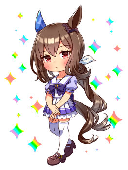 1girl admire_vega_(umamusume) animal_ears blush bow bowtie breasts brown_hair chibi chibi_only closed_mouth collarbone commentary_request ear_covers full_body hair_between_eyes highres horse_ears horse_girl horse_tail long_hair looking_at_viewer low_ponytail pleated_skirt ponytail puffy_short_sleeves puffy_sleeves purple_bow purple_bowtie purple_eyes purple_shirt sailor_collar sailor_shirt school_uniform shirt shoes short_sleeves single_ear_cover skirt solo sugimotty_nova tail thighhighs tracen_school_uniform umamusume white_sailor_collar white_skirt white_thighhighs zettai_ryouiki