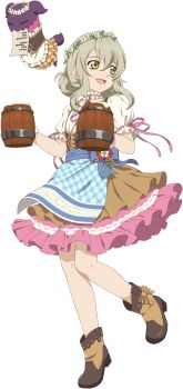 Rule 34 | 1girl, apron, artist request, barmaid, beer mug, blonde hair, blue apron, boots, brown boots, brown dress, colored petticoat, creature, cup, doll, dress, elize lutus, elize lutus (western costume), flower, full body, game cg, green eyes, head wreath, highres, holding, holding cup, looking to the side, medium hair, mug, official alternate costume, official art, open mouth, petticoat, pink dress, pink ribbon, ribbon, smile, solo, standing, tales of (series), tales of asteria, tales of xillia, teepo (tales), third-party source, transparent background, white flower