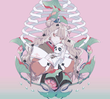 1girl belt black_belt black_choker black_flower black_skirt bone brown_hair choker closed_mouth commentary_request cropped_legs double_bun earrings flower gradient_background hair_bun hair_flower hair_ornament heart heart_choker highres holding holding_skull jacket jewelry long_hair long_sleeves looking_at_viewer lotus original pendant_earring pink_background pleated_skirt red_eyes red_flower red_jacket red_nails ribs shikimi_(yurakuru) skeleton skirt skull solo