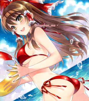 Rule 34 | 1girl, alternate costume, artist name, ass, ball, beachball, bikini, blue sky, blush, bow, breasts, brown eyes, brown hair, chacham, cloud, cloudy sky, commentary request, day, dutch angle, frilled bow, frilled hair tubes, frills, from behind, hair bow, hair tubes, hakurei reimu, holding, holding ball, holding beachball, long hair, looking to the side, marker (medium), medium breasts, ocean, open mouth, outdoors, red bikini, red bow, side-tie bikini bottom, sky, solo, swimsuit, teeth, touhou, traditional media, upper teeth only, water drop