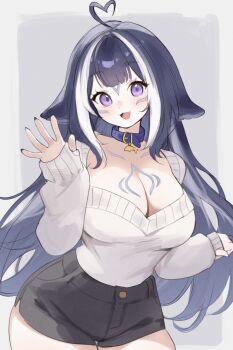 1girl ahoge black_shorts blue_collar blue_hair blue_nails body_markings breasts cleavage collar commentary facial_mark fang grey_background heart heart_ahoge highres indie_virtual_youtuber long_hair multicolored_hair open_mouth orca_girl purple_eyes shorts shylily skin_fang sky_above_me smile streaked_hair sweater thighs virtual_youtuber waving white_background white_sweater