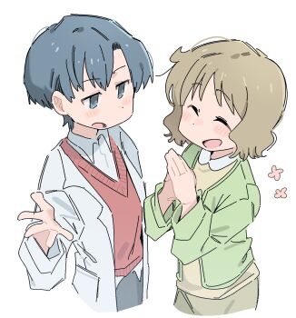 2girls blue_eyes blue_hair blush brown_hair brown_skirt closed_eyes coat dot_nose flower fluffy_hair green_coat highres lab_coat multiple_girls nakamura_kana nichijou open_mouth own_hands_together red_vest sakurai_izumi short_hair simple_background skirt sweater_vest teacher vest white_background wichimi