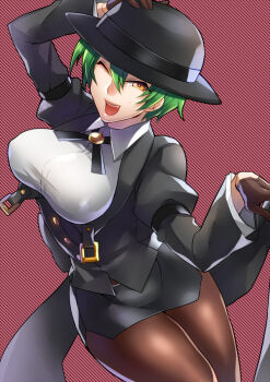 1girl ;) black_gloves blazblue breasts brown_pantyhose coattails covered_erect_nipples cowboy_shot fedora female_focus gender_request genderswap gloves green_hair hat hazama kaneaki_mukku large_breasts miniskirt one_eye_closed pantyhose pencil_skirt short_hair skirt smile solo tailcoat yellow_eyes