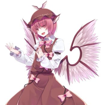 Rule 34 | 1girl, animal ear piercing, animal ears, bird ears, bird wings, bow, bowtie, brown dress, brown eyes, brown hat, collared shirt, commentary request, cowboy shot, crote, dress, dress bow, earrings, feathered wings, frilled sleeves, frills, hands up, hat, highres, jewelry, large variant set, long dress, long sleeves, mob cap, mystia lorelei, open mouth, pinafore dress, pink bow, pink bowtie, pink hair, shirt, short hair, single earring, sleeveless, sleeveless dress, smile, solo, standing, tachi-e, teeth, touhou, transparent background, upper teeth only, variant set, white shirt, wings