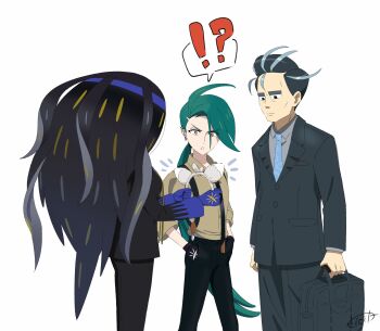 Rule 34 | !?, 1boy, 2girls, animal ear hairband, animal ears, black gloves, black hair, black jacket, black pants, blue gloves, briefcase, brown shirt, closed mouth, collared shirt, commentary, ear piercing, fake animal ears, geeta (pokemon), gloves, green hair, grey shirt, hairband, hands in pockets, highres, holding, holding briefcase, holding hairband, jacket, larry (pokemon), long sleeves, multicolored hair, multiple girls, necktie, nintendo, pants, piercing, pokemon, pokemon sv, red eyes, rika (pokemon), shirt, simple background, suspenders, tli eilt pk, unworn hairband, white background