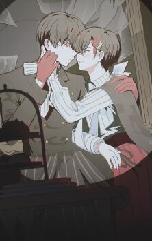 2boys absurdres ariake_(ooe) arm_sling black_hair black_pants black_shirt broken_arm broken_glass collared_shirt cowboy_shot fkqlckstm11 flower frilled_sleeves frills glass gloves hair_flower hair_ornament hand_on_another&#039;s_shoulder hashtag-only_commentary highres looking_at_another male_focus multiple_boys ooe_(game) oosaki_(ooe) pants picture_frame plate red_eyes red_gloves red_pants shirt short_hair sleeve_cuffs striped_clothes striped_shirt table tiered_tray vertical-striped_clothes vertical-striped_shirt white_shirt yaoi