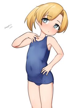 1girl absurdres blonde_hair blue_one-piece_swimsuit covered_navel dated feet_out_of_frame flat_chest grey_eyes hand_on_own_chest highres kantai_collection maikaze_(kancolle) maru_(marg0613) old_school_swimsuit one-hour_drawing_challenge one-piece_swimsuit school_swimsuit short_hair simple_background solo swimsuit twitter_username white_background