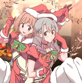 2girls bell black_choker bow bowtie braid brown_eyes brown_hair capelet choker christmas closed_mouth collarbone dress grey_hair hair_ornament hairclip hat hololive indie_virtual_youtuber kikuta_kouichi kusunoki_shio long_hair looking_at_viewer makanon_records masaki_kanon multiple_girls open_mouth pantyhose pointy_ears santa_costume santa_dress santa_hat short_hair skirt smile twin_braids virtual_youtuber white_pantyhose