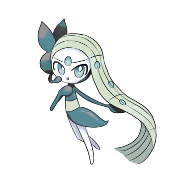 :d black_dress blue_eyes dress full_body gen_5_pokemon green_hair hand_on_own_chest hashtag-only_commentary highres kinshi_kingan legendary_pokemon long_hair looking_at_viewer meloetta meloetta_(aria) mythical_pokemon nintendo open_mouth pokemon pokemon_(creature) pokemon_focus smile solo very_long_hair white_background