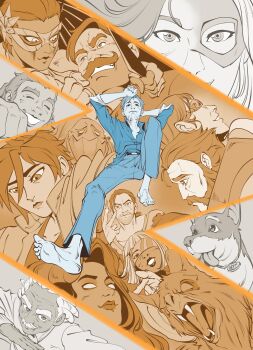 5girls 6+boys absurdres angry barefoot bat_boy beef_(dispatch) blonde_blazer chase_(dispatch) clenched_hand clenched_teeth coupe_(dispatch) demon_girl dispatch dog face_piercing facial_hair fangs fist_bump flambae_(dispatch) goggles golem_(dispatch) grin haru_ch1 highres holding holding_knife invisigal knife malevola_(dispatch) multiple_boys multiple_girls mustache nose_piercing nose_ring phenomaman piercing prism_(dispatch) punch_up_(dispatch) robert_robertson royd_(dispatch) sad smile sonar_(dispatch) superhero_costume teeth tongue tongue_out waterboy_(dispatch)