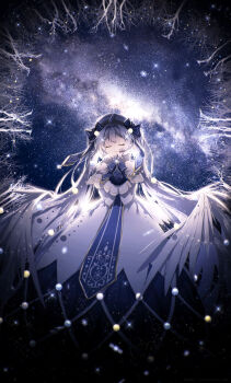 1girl absurdres beret blue_bow blue_gloves bow capelet closed_eyes commentary_request covered_mouth dress facing_viewer fur-trimmed_capelet fur-trimmed_sleeves fur_trim gloves hair_bow hands_up hat hatsune_miku highres lengchan_(fu626878068) long_hair long_sleeves milky_way own_hands_clasped own_hands_together sky sleeves_past_wrists solo star_(sky) starry_sky twintails very_long_hair vocaloid white_capelet white_dress yuki_miku yuki_miku_(2021)