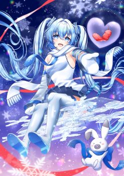 >_< 1girl absurdres animal aqua_hair bare_shoulders blue_eyes blue_necktie blue_scarf boots breasts bubble commentary_request detached_sleeves double-parted_bangs feathers full_body grey_boots grey_skirt hair_between_eyes hair_ornament hatsune_miku highres long_hair long_sleeves looking_at_viewer medium_breasts miniskirt mittens necktie open_mouth pleated_skirt rabbit rabbit_yukine red_feathers scarf shirt sitting skirt sleeveless sleeveless_shirt smile snowflake_print tateko25wiz thigh_boots thighhighs twintails very_long_hair vocaloid white_mittens white_rabbit_(animal) white_scarf white_shirt white_sleeves yuki_miku yuki_miku_(2011) zettai_ryouiki