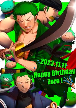 1boy character_doll dated doll foreshortening green_hair green_theme happy_birthday highres holding holding_sword holding_weapon male_focus marimo marimo_zoro mlh7q multiple_views one_piece personification plantification roronoa_zoro scar scar_across_eye scar_on_face serious short_hair sword weapon weapon_in_mouth