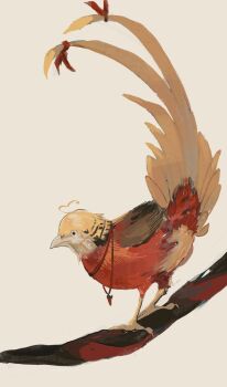 animal_focus animalization antenna_hair bird bow branch cuckoo english_text grey_background hatsburg heart_antenna_hair highres jewelry len'en no_humans ooama_no_ake_no_mitori pendant realistic_teeth red_bow simple_background tail tail_bow tail_ornament