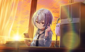 1girl animal_collar arm_on_table artist_request bag bag_charm black_collar blue_nails blue_necktie breast_pocket cellphone chair charm_(object) classroom closed_mouth cloud collar collarbone collared_shirt crossed_bangs desk dot_nose ear_piercing elbow_on_table expressionless eyelashes game_cg grey_eyes grey_hair hair_between_eyes hand_in_own_hair highres higure_fuka indoors lens_flare light_frown long_hair long_sleeves looking_at_phone mahou_shoujo_madoka_magica mahou_shoujo_madoka_magica_magia_exedra multiple_piercings nail_polish necktie official_art on_chair phone piercing pocket school_bag school_chair school_desk school_uniform shirt sitting sky smartphone solo studded_collar sun sunset third-party_source tsurime upper_body voodoo_doll white_shirt window yellow_sky