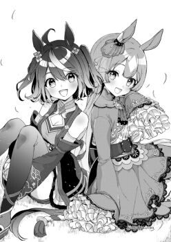 2girls :d animal_ears bare_shoulders breasts cleavage cleavage_cutout clothing_cutout commentary_request cropped_jacket detached_sleeves feet_out_of_frame bad_tag greyscale hair_between_eyes horse_ears horse_girl horse_tail kitasan_black_(crowning_ooban)_(umamusume) kitasan_black_(umamusume) koruri long_hair long_sleeves medium_breasts monochrome multicolored_hair multiple_girls open_mouth satono_diamond_(natural_brilliance)_(umamusume) satono_diamond_(umamusume) shirt simple_background skirt sleeves_past_fingers sleeves_past_wrists smile streaked_hair tail two-tone_hair two_side_up umamusume watermark web_address white_background