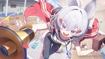 1girl animal_ears black_pants brick bunting clock collarbone commentary copyright_notice digital_clock english_commentary fox_ears fox_girl grey_hair gyool holding holding_brick holding_microphone jacket microphone official_art open_clothes open_jacket open_mouth pants phase_connect purple_eyes red_jacket running_track shoes sweat tenma_maemi theo_(tenma_maemi) virtual_youtuber whistle whistle_around_neck