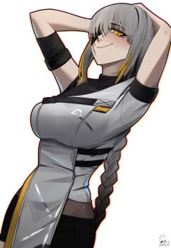Rule 34 | arms behind head, blunt bangs, braid, breasts, clothing request, darkpulsegg, evil smile, eyepatch, girls' frontline, highres, large breasts, long hair, looking at viewer, m16a1 (boss) (girls' frontline), m16a1 (girls' frontline), mole, mole under eye, multicolored hair, scar, scar across eye, scar on face, shirt, short sleeves, simple background, smile, solo, white hair, white shirt, yellow eyes