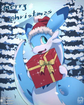 Rule 34 | artist name, blue eyes, blue skin, blush, chillet, colored skin, commentary, day, english commentary, english text, facebook logo, facebook username, gift, hat, holding, holding gift, leongon, looking at viewer, looking to the side, merry christmas, no humans, open mouth, outdoors, pal (creature), palworld, pine tree, red hat, santa hat, solo, tree, twitter username, twitter x logo