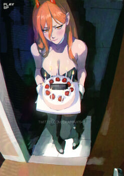 1girl birthday_cake black_leotard blush breasts cake candle chainsaw_man cleavage demon_girl demon_horns door food fruit grey_pantyhose hair_between_eyes highres horns large_breasts leotard long_hair orange_eyes orange_hair pantyhose power_(chainsaw_man) red_horns solo spykeee strapless strapless_leotard strawberry