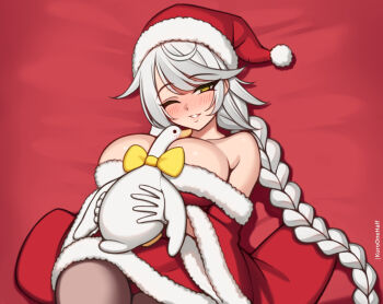 barefoot bird black_pantyhose braid breasts brown_eyes commentary dress duck english_commentary fur-trimmed_dress fur-trimmed_headwear fur_trim grey_hair hat kantai_collection kuroonehalf large_breasts long_hair lying off-shoulder_dress off_shoulder pantyhose red_dress santa_hat single_braid smile unryuu_(kancolle)