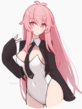 1girl 7evvw breasts indie_virtual_youtuber jacket leotard long_sleeves medium_breasts mumble_(shachimu) navel pink_eyes pink_hair playboy_bunny solo solo_focus suit_jacket virtual_youtuber