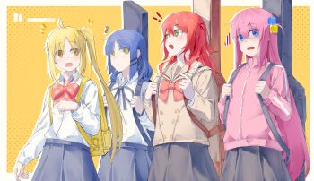 ! !! 4girls absurdres arm_at_side averting_eyes black_ribbon blonde_hair blue_eyes blue_hair bocchi_the_rock! border bow bowtie braid bright_pupils brown_sailor_collar brown_shirt choppy_bangs closed_mouth collared_shirt commentary_request cube_hair_ornament dot_mouth dot_nose fang gotoh_hitori green_eyes grey_skirt guitar_case hair_ornament hairclip hand_up highres ijichi_nijika instrument_case jacket kessoku_band kita_ikuyo long_hair long_sleeves looking_at_another looking_to_the_side medium_hair muina multiple_girls neck_ribbon notice_lines one_side_up open_mouth outside_border parallel_hairclips pink_jacket polka_dot polka_dot_bow polka_dot_bowtie red_bow red_bowtie red_hair ribbon sailor_collar school_uniform serafuku shaded_face shirt shirt_tucked_in side_ponytail side_ponytail_with_braided_base sideways_glance skin_fang skirt track_jacket wavy_mouth white_border white_pupils white_shirt wing_collar yamada_ryo yellow_background