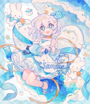 1girl :d bare_shoulders blue_eyes blue_sandals blue_umbrella commentary double-parted_bangs dress fanqiealxe full_body hair_between_eyes holding holding_umbrella long_sleeves looking_at_viewer open_mouth original sample_watermark sandals short_hair smile solo star-shaped_pupils star_(symbol) symbol-only_commentary symbol-shaped_pupils umbrella watermark white_dress white_hair