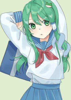 Rule 34 | 1girl, absurdres, alternate costume, arms up, bag, blue bag, blue sailor collar, blue skirt, commentary request, frog hair ornament, green background, green eyes, green hair, hair ornament, hair tubes, highres, holding, holding bag, kochiya sanae, long hair, long sleeves, neckerchief, open mouth, pleated skirt, red neckerchief, sailor collar, sailor shirt, school bag, school uniform, shirt, single hair tube, skirt, snake hair ornament, solo, touhou, tsuno no hito, white shirt
