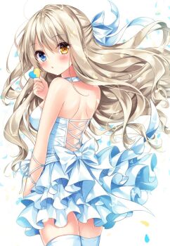 Rule 34 | 1girl, bare shoulders, blue eyes, blush, breasts, brown hair, choker, clothing cutout, cowboy shot, cross-laced clothes, cross-laced cutout, dress, female focus, floating hair, from behind, hair between eyes, hair ribbon, half updo, heart, heterochromia, holding, layered dress, long hair, looking at viewer, looking back, luca (nogi takayoshi), medium breasts, nogi takayoshi, orange eyes, original, parted lips, ribbon, shoulder blades, solo, standing, strapless, strapless dress, thighhighs, very long hair, white dress, white ribbon, white thighhighs, zettai ryouiki