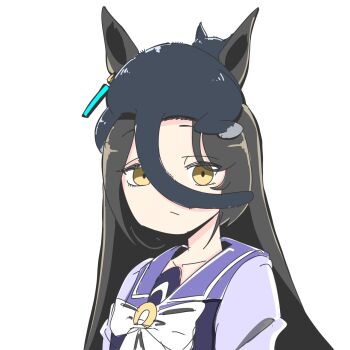 Rule 34 | 1girl, animal, animal ears, animal on head, bow, bowtie, cat, cat on head, closed mouth, collarbone, ear tag, earrings, highres, horse ears, horse girl, jewelry, long hair, long sleeves, looking at viewer, manhattan cafe (umamusume), on head, otomodachi (kuriuni0), photo-referenced, purple sailor collar, purple serafuku, purple shirt, sailor collar, sailor shirt, school uniform, serafuku, shirt, simple background, tracen school uniform, umamusume, upper body, white background, white bow, white bowtie, yellow eyes