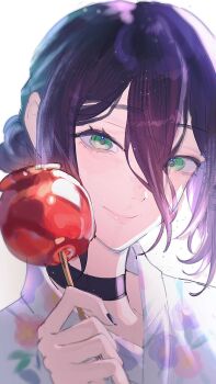 1girl black_choker black_nails candy_apple chainsaw_man choker close-up closed_mouth commentary floral_print floral_print_kimono food green_eyes hair_between_eyes hair_bun hand_up highres holding holding_candy_apple holding_food japanese_clothes kimono long_hair_between_eyes looking_at_viewer nail_polish portrait print_kimono purple_hair reze_(chainsaw_man) simple_background single_hair_bun sirium924 smile solo untranslatable_commentary white_background yukata