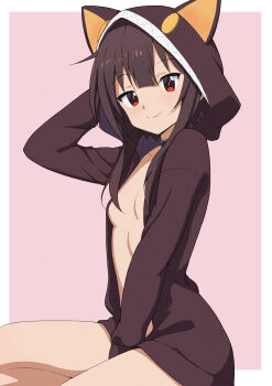 1girl absurdres animal_hood arm_behind_head arm_up belt_collar between_legs black_choker black_jacket blush border breasts brown_hair cat_hood choker chomusuke chomusuke_(cosplay) collar cosplay hand_between_own_legs highres hood hood_up hooded_jacket jacket kono_subarashii_sekai_ni_shukufuku_wo! loli looking_at_viewer megumin naked_jacket outside_border pink_background red_eyes ryo4423 seiza short_hair simple_background sitting small_breasts smile split_mouth white_border