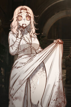 1girl bags_under_eyes biting blonde_hair blood blood_from_mouth blood_in_hair blood_on_clothes blood_on_face blood_on_hand blood_on_mouth blood_splatter blood_stain bloody_clothes bloody_dress breasts capcom cleavage clothes_lift collarbone colored_sclera colored_skin commentary dress dress_lift english_commentary facing_viewer feet_out_of_frame flashing flashing_at_viewer flashing_viewer highres horror_(theme) indoors large_breasts legs lifting_own_clothes long_dress long_hair long_sleeves looking_at_viewer makeup masgamjya messy_hair nightgown open_mouth pale_skin photo_background presenting_legs red_sclera resident_evil resident_evil_requiem runny_makeup selena_corey short_hair skirt skirt_lift slit_pupils solo stairs standing teeth thick_thighs thighs twitter undead vampire white_dress white_eyes white_hair white_skin wide-eyed wide_mouth yellow_eyes zombie zombie_girl